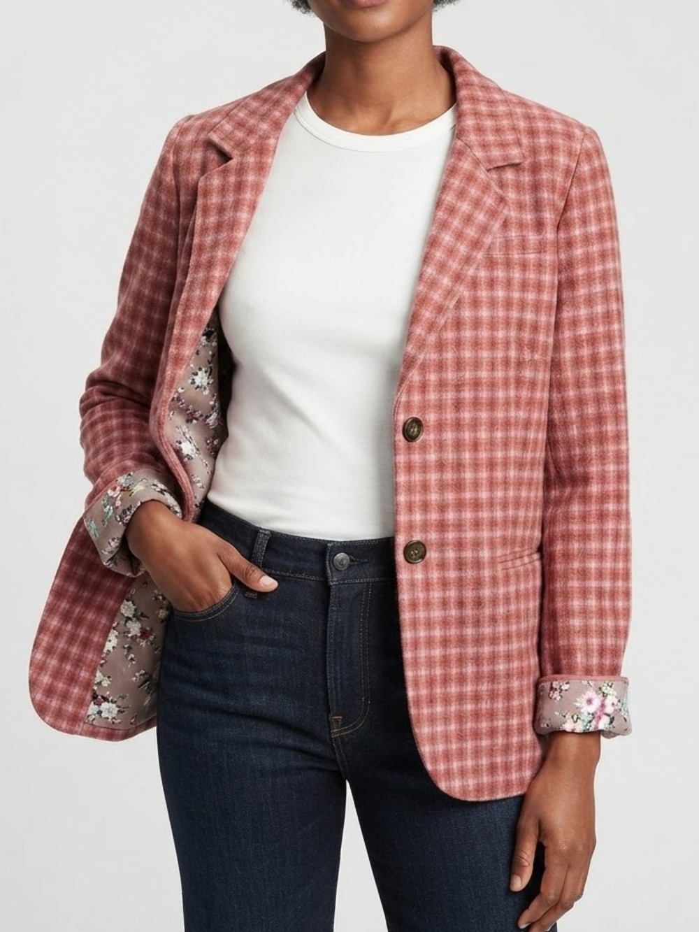 Sundance The Lisa Pink Plaid Wool Blazer Jacket Size Large Floral Lining